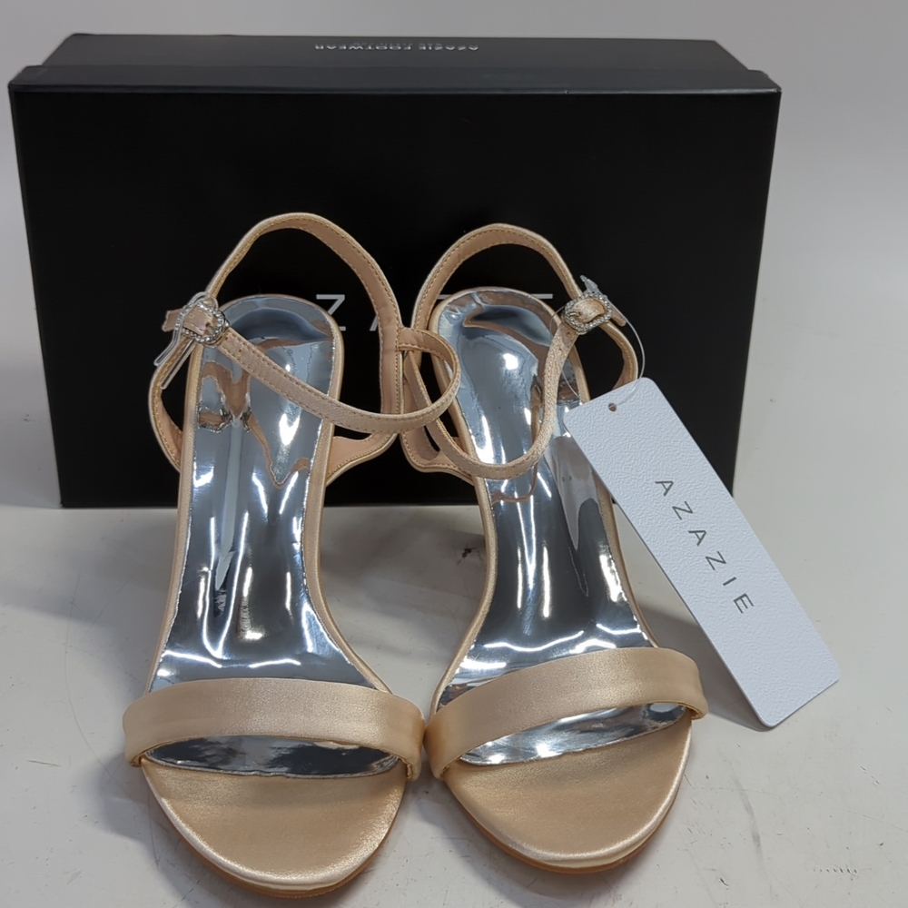 Azazie Satin Ankle Strap Open Toe Stiletto High Heels Size 41 Champagne